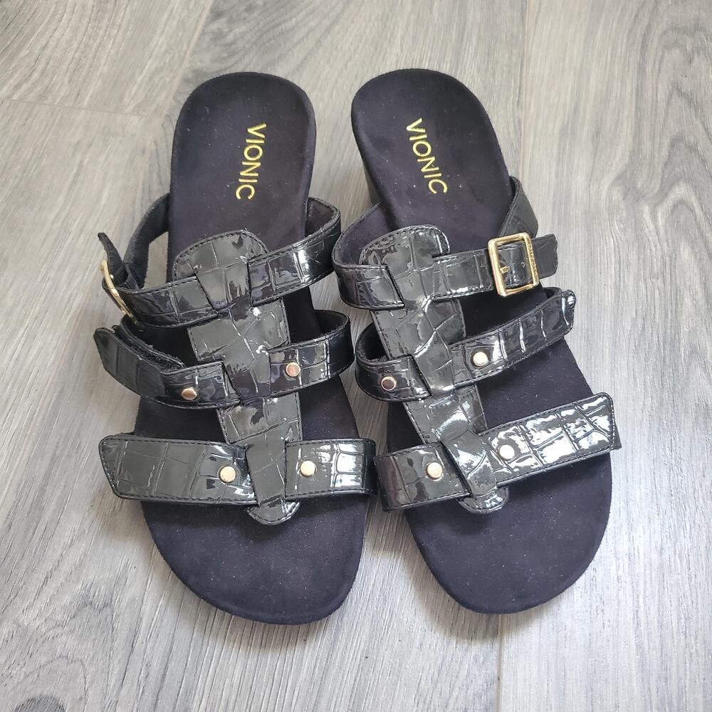 Vionic Wedge Sandals Womens Size 8 EU 39 Black Radia Croc Patent Comfort Slide